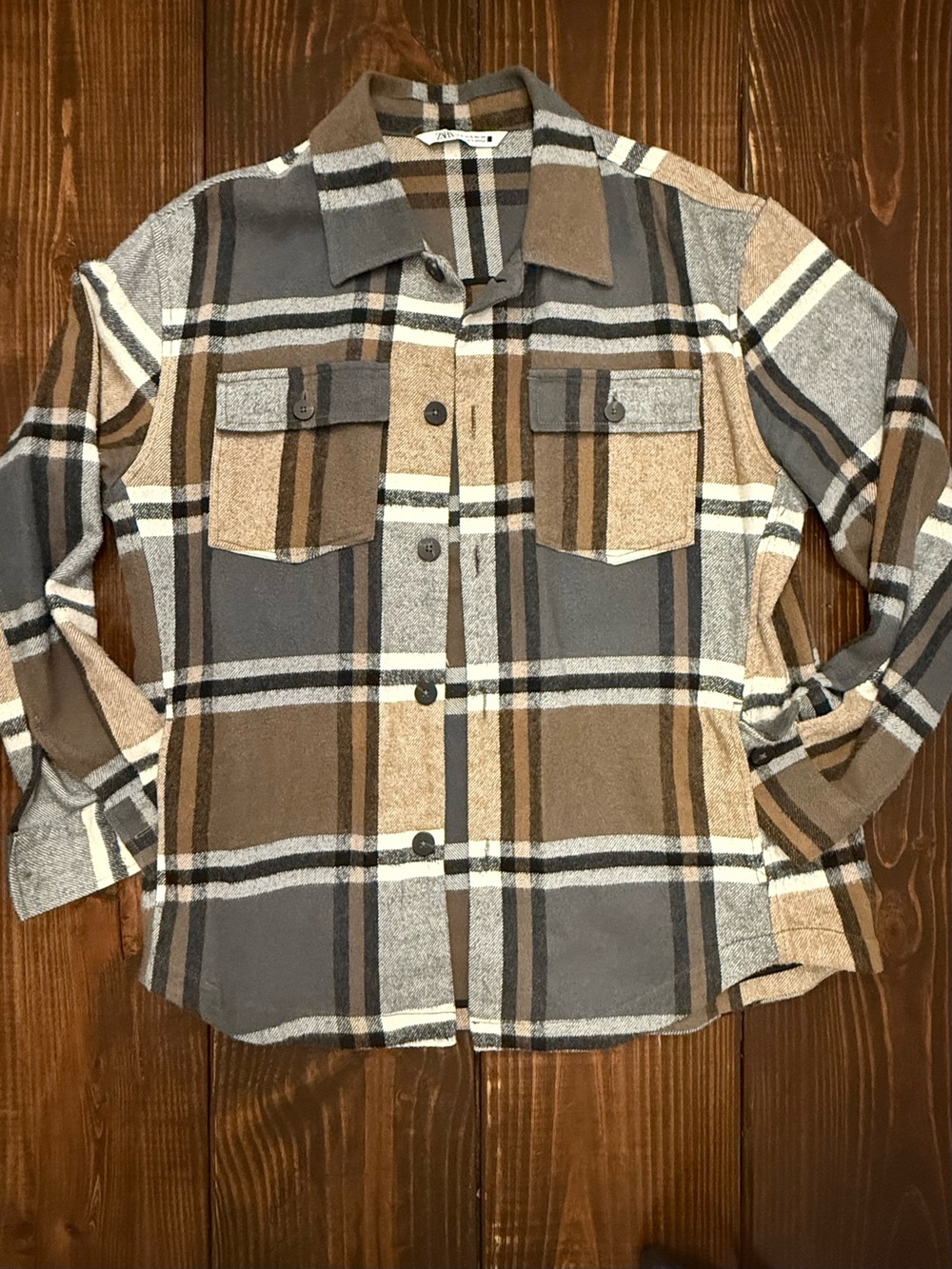 Zara Brown & Gray Plaid Lightweight Shirt Jacket